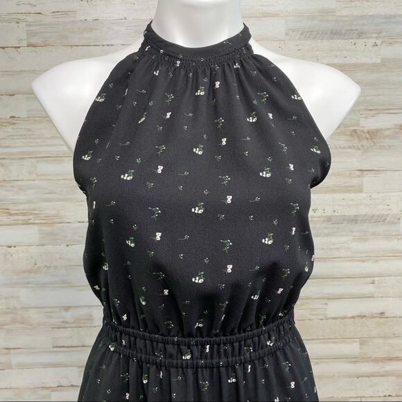 Aritzia Wilfred Effet Halter Floral Dress Womens Size XS Black Split Back Ruffle - Picture 4 of 16